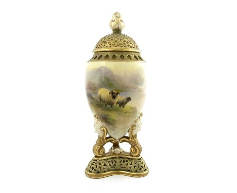 Harry Davis for Royal Worcester, a sheep painted potpourri vase and cover, 1913, the egg form body with reticulated rim and f