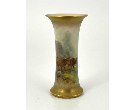 Harry Stinton for Royal Worcester, a highland cattle painted spill vase, circa 1916, cylincrical flared form, painted with Hi