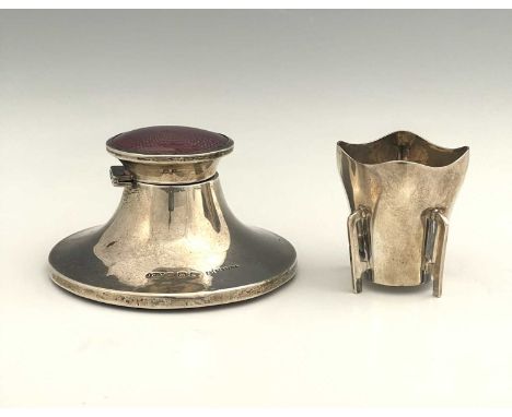 A George V silver capstan inkwell, the hinged cover inset with simulated puce coloured enamel panel, Joseph Gloster Ltd, Birm