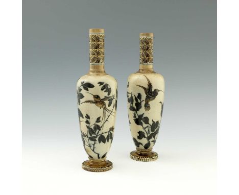 Edwin Martin for Martin Brothers, a pair of humming bird and wildflower vases, 1884, footed and shouldered form, sgraffito de