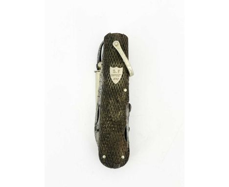 A late Victorian sportman's folding pocket knife, diced horn grip with owner's plaque dated 1890, steel blade stamped 'A&amp;