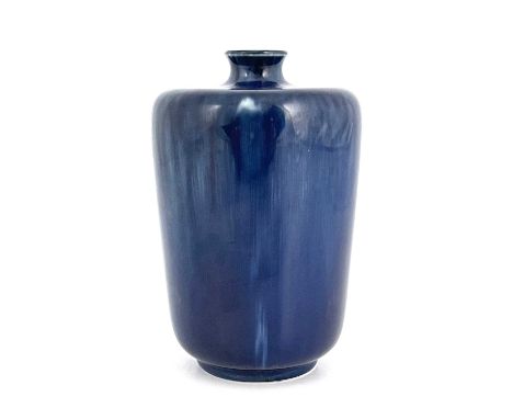 Ruskin Pottery, a Souffle glazed vase, 1905, shouldered cylindrical form, blue streaky glaze, impressed marks and Howson Tayl