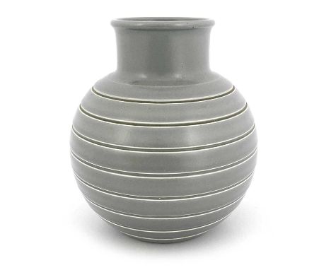 Keith Murray for Wedgwood, an Art Deco vase, circa 1934, spherical form with cylindrical neck, gray glaze, incised concentric