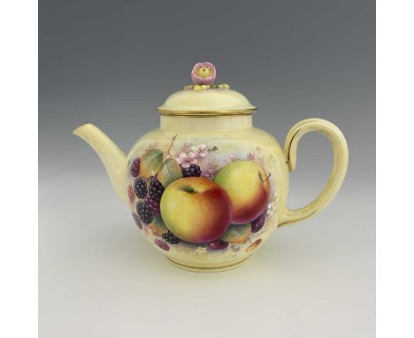 Peter Platt for Royal Worcester, a fruit-painted teapot, circa 1970, globular form, decorated with apples and blackberries on