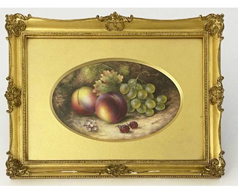 Richard Sebright for Royal Worcester, a fruit painted plaque, circa 1926, circular form, decorated with peaches, grapes and r