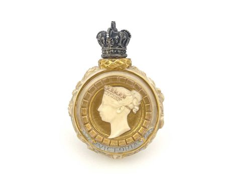 A Royal Worcester commemorative silver mounted scent bottle, Golden Jubilee 1887, circular flask form, modelled in high relie