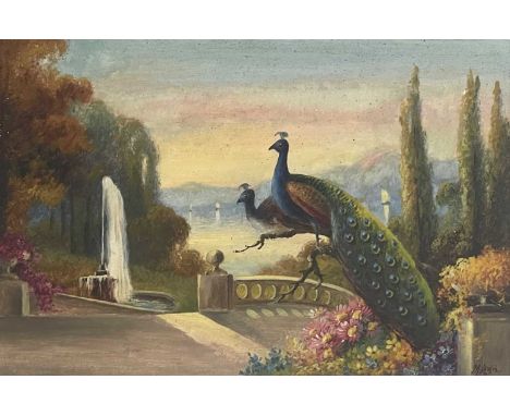 James Henry Lewis (early 20th century, Royal Worcester artist), Peacocks, signed l.r., oil, 17 by 25cm, framed