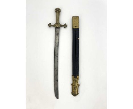 A Victorian British Bandsman's sword, 63rd (West Suffolk) Regiment, housed in black leather scabbard with brass mounts, marke