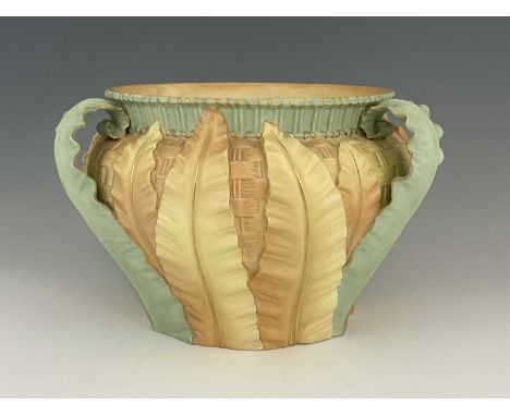 A Royal Worcester relief moulded jardiniere, three handled squat inverse baluster form, leaf and basket weave design in pink 