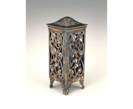 An Arts and Crafts silver pepper pot, William Hair Haseler, Birmingham 1904, reticulated cuboid form, embossed with knotted l