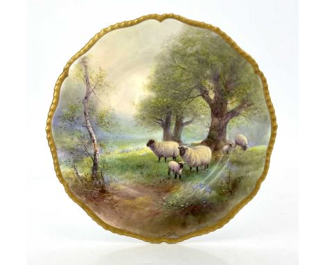 Harry Davis for Royal Worcester, a sheep painted cabinet plate, circa 1931, decorated with ewes and lambs in bluebell and woo