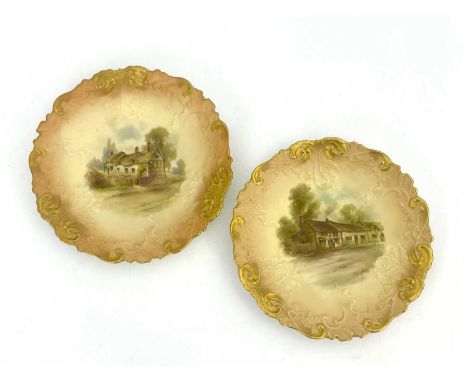 John Stinton for Royal Worcester, a pair of painted cabinet plates, circa 1907, decorated with titled scenes, Birthplace of W