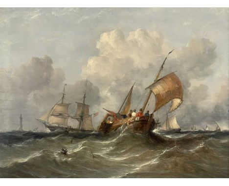 Attributed to James Webb (British, 1825-1895), 'French Goals and Shipping off the Eddystone Lighthouse', titled verso, oil on