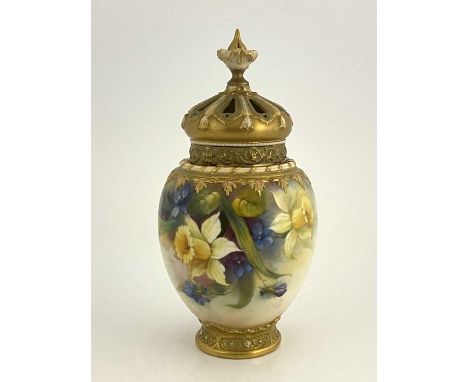Ethel Spilsbury for Royal Worcester, a floral painted pot pourri jar and cover, circa 1927, footed ovoid form, decorated with
