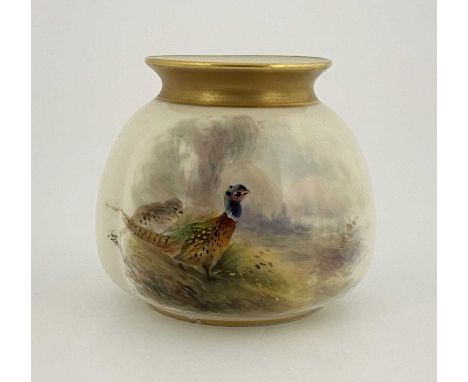 James Stinton for Royal Worcester, a pheasant painted vase, circular quatrefoil form, circa 1919, decorated with game birds i