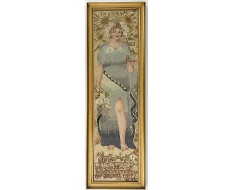 A Victorian silk embroidered and painted panel, depicting June as a girl feeding birds amongst flowers, above a poem, 71cm x 