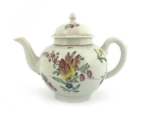 A Liverpool porcelain teapot, Christians or Penningtons circa 1770, spherical form, painted with tulip and other floral bouqu