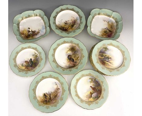 A Shuck for Royal Worcester, a game bird painted dessert service, circa 1925, including 11 plates, 2 dishes and 2 tazzas, eac