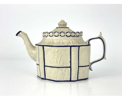A South Yorkshire Castleford-type white feldsphatic stoneware teapot and cover, circa 1810, sprigged with classical figures a