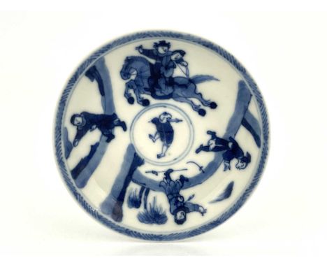 A Chinese blue and white saucer, probably Kangxi, painted with eloping bride and other figures, 10.5cm diameter