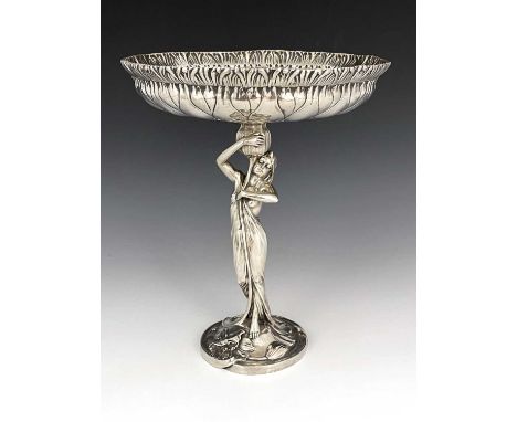 A Jugendstil 800 silver figural comport, Lazarus Posen Witwe, Berlin circa 1900, modelled in the Art Nouveau style as a maide