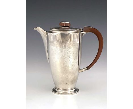 Arthur Edward Harvey for Adie Brothers, an Art Deco silver lidded jug, Birmingham 1935, footed beaker form with stepped lid a