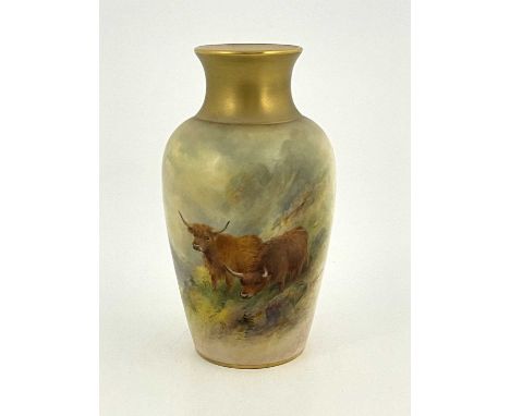 Harry Stinton for Royal Worcester, a highland cattle painted vase, circa 1918, baluster form, decorated with cows in a mist s
