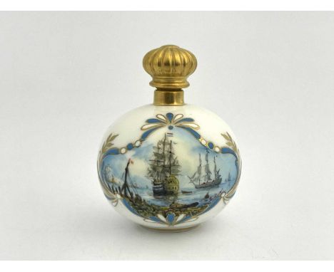 Stefan Nowacki for Lynton, a porcelain scent flask, globular form, painted with Dutch battle ships on calm seas, in ogee gilt