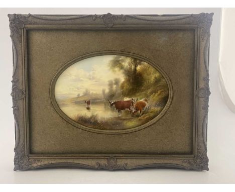 John Stinton for Royal Worcester, a landscape painted plaque, depicting cattle watering along a stream, puce mark, 14.5cm x 2