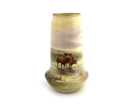 Harry Davis for Royal Worcester, a large Highland Cattle painted vase, 1921, bulbous form, decorated with watering cows in an