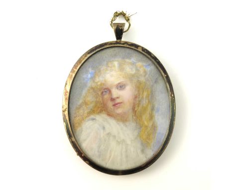 An Edwardian portrait miniature, oval, depicting a blonde haired girl in white dress, 7cm x 6cm, gilt metal frame Ivory Act E