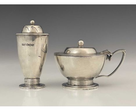 Keith Murray for Mappin and Webb, and Art Deco silver two piece cruet, Sheffield 1937, the mustard pot of hemispherical foote