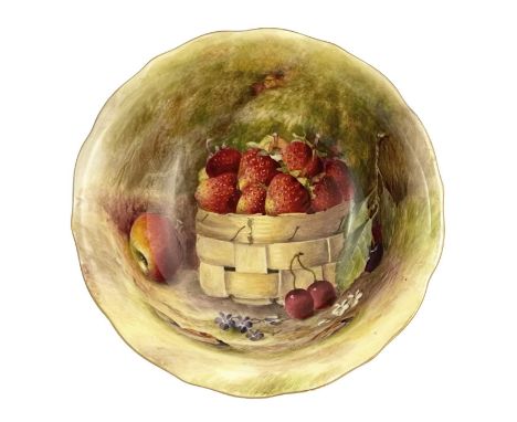 Ricketts for Royal Worcester, a fruit painted bowl, 1929, decorated with a basket of strawberries, an apple and cherries, puc