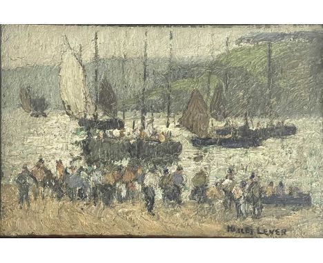 Richard Hayley Lever (American, 1876-1958), harbour scene with figures on a quayside, signed l.r., oil on panel, 16 by 24cm, 