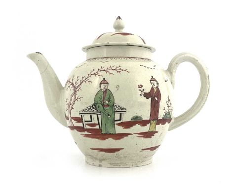 A Penningtons Liverpool polychrome porcelain teapot, circa 1780, spherical form, painted with Chinese figures in a garden lan