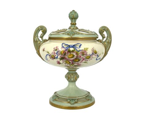 R Sebright for Royal Worcester, a floral painted potpourri vase and cover, 1903, twin handled squat ovoid pedestal urn form, 