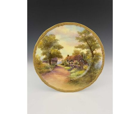 R. Rushton for Royal Worcester, a cottage painted cabinet plate, gilt border, printed mark, 28cm wide