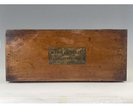 Military interest, a Victorian mahogany campaign writing box, circa 1855, plaque for Major General Sir George Bingham K.C.B.,