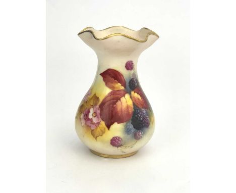 Kitty Blake for Royal Worcester, a handpainted vase, circa 1932, baluster form with frilled rim, decorated with autumn leaves