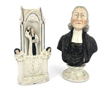 A Staffordshire Enoch Wood portrait bust of John Wesley, on circular socle base, together with a clock pulpit Wesley preacher