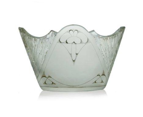 Josef Riedel, a Secessionist etched, frosted and enamelled glass vase, circa 1910, ogee rimmed navette section boat form, dec