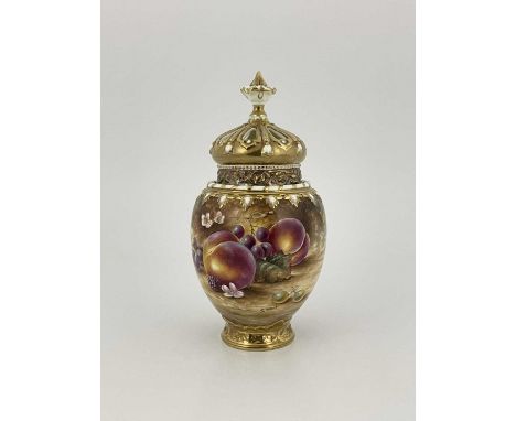 Sally Wood for Royal Worcester, a fruit painted potpourri vase and cover, ovoid form, with reticulated crown cover and inner 