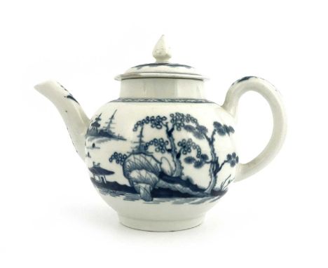 A small Worcester blue and white teapot, crescent mark, circa 1770, painted with the Cannonball pattern, 16cm long
