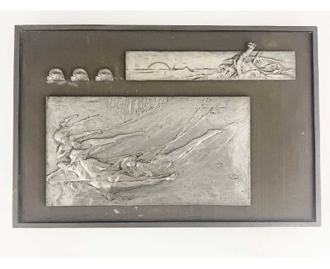 Gilbert Bayes, a relief moulded sculptural panel, 1900, Sirens pulling a Viking Ship, signed and dated, framed as one, 36.5cm