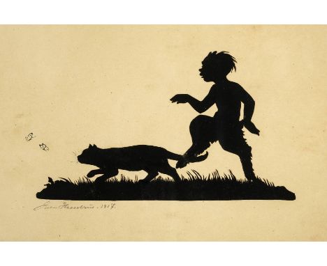 *Hasselriis (Else (1878-1953)). A young faun and a cat chasing two butterflies, 1917, black paper scissor cut silhouette, wit