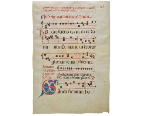 *Illuminated manuscripts. 5 antiphonary leaves, 15th century,  manuscript in black and red ink on vellum, rectos and versos, 