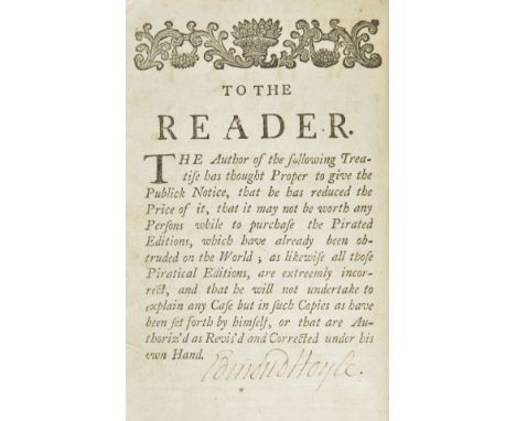 Hoyle (Edmond). A Short Treatise on the Game of Whist ... the third edition with great additions ... printed for F. Cogan, 17