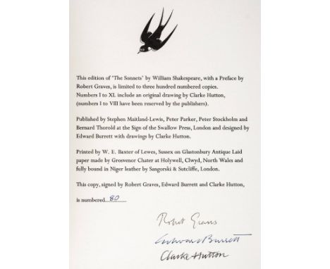 Swallows Press The Sonnets, William Shakespeare, Preface by Robert Graves with Drawings by Clarke Hutton, limited edition, 19