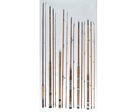 *Fishing Rods. A collection of six fishing rods, mid 20th century,  including a Horgard eight and a half foot two piece glass