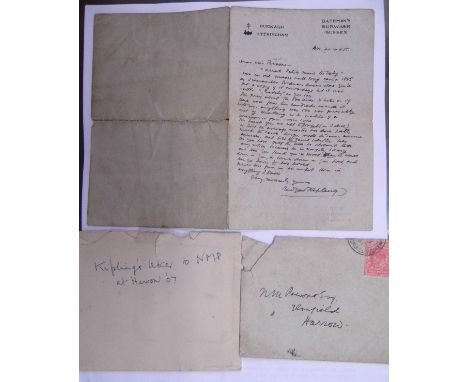 *Kipling (Rudyard, 1865-1936). Autograph letter signed, 'Rudyard Kipling', Bateman's, Burwash, Sussex, 21st November 1905, to
